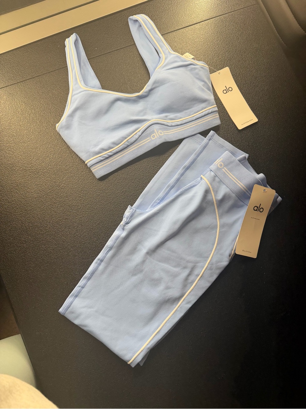 ALO Yoga Light Blue Sports Bra & Legging Set with Cream Piping